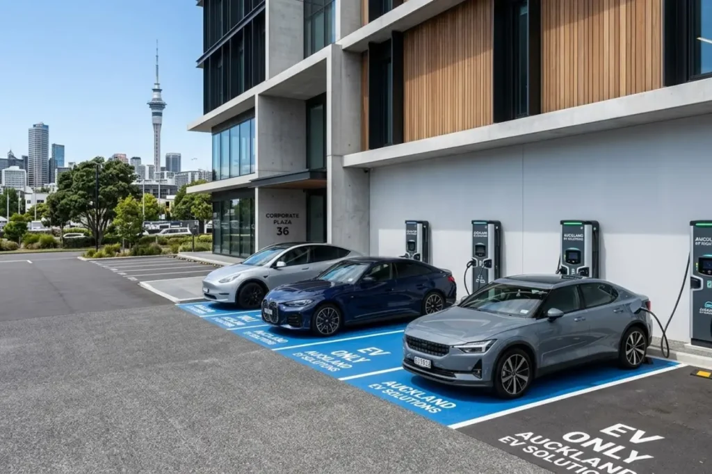 Multiple electric vehicles charging at a commercial station in New Zealand managed by EV Charger Installation Auckland with the Sky Tower in the background.