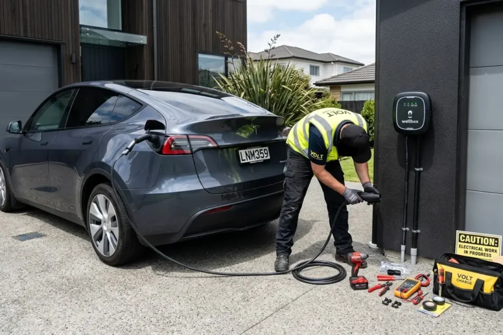 A professional technician from EV Charger Installation Auckland installing a Wallbox charger for a grey Tesla in a New Zealand driveway.