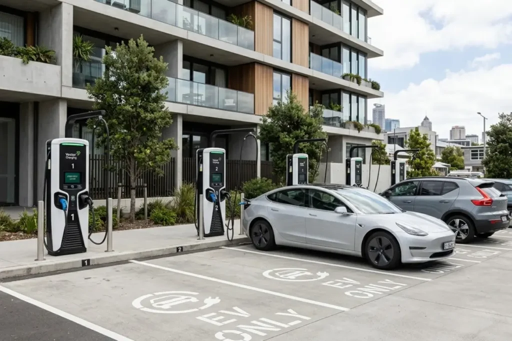 A row of modern charging pedestals installed at an apartment complex by EV Charger Installation Auckland, your EV charger installation Auckland contractors in Auckland New Zealand.