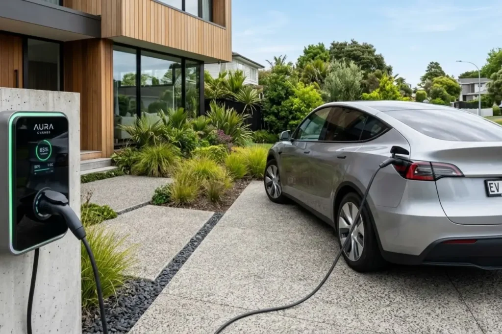A silver electric car plugged into a sleek wall-mounted home unit from EV Charger Installation Auckland, your EV charger installation contractors in Auckland New Zealand.