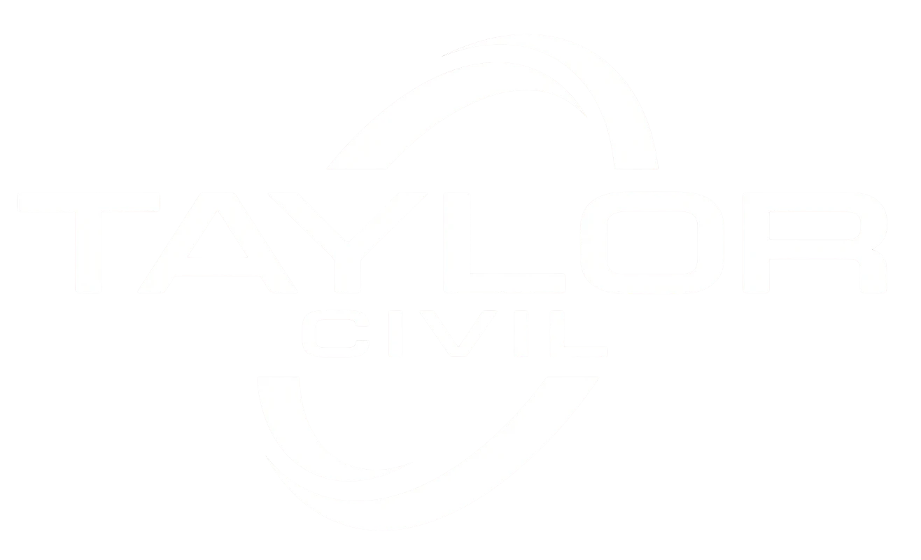 Taylor Civil logo — bold white TAYLOR CIVIL text with orbital swoosh design on black background