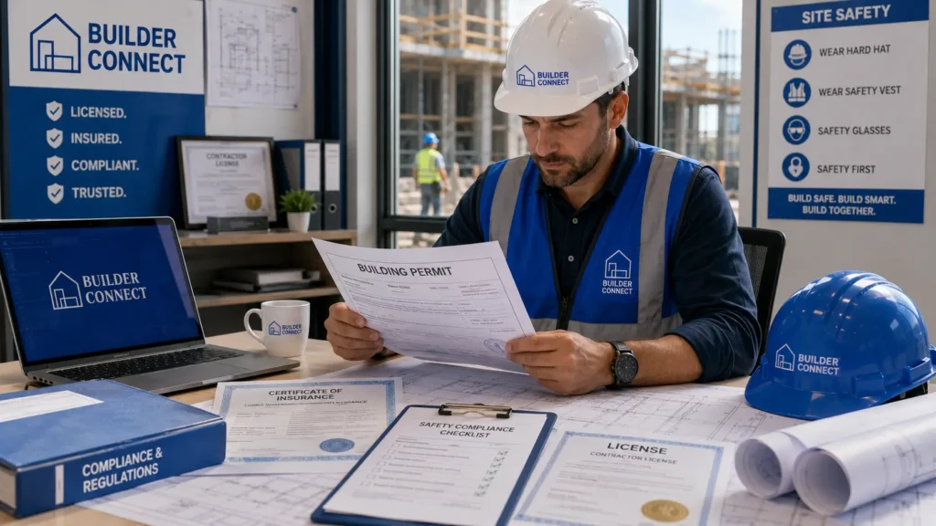 Licensed builder reviewing construction permits and safety certifications