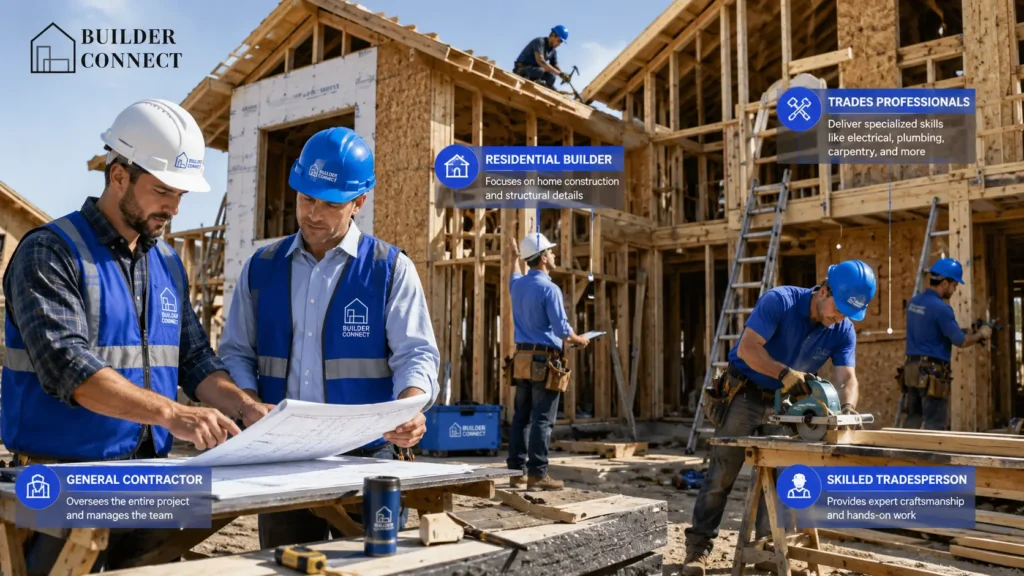 Different types of builders working on residential and commercial construction projects
