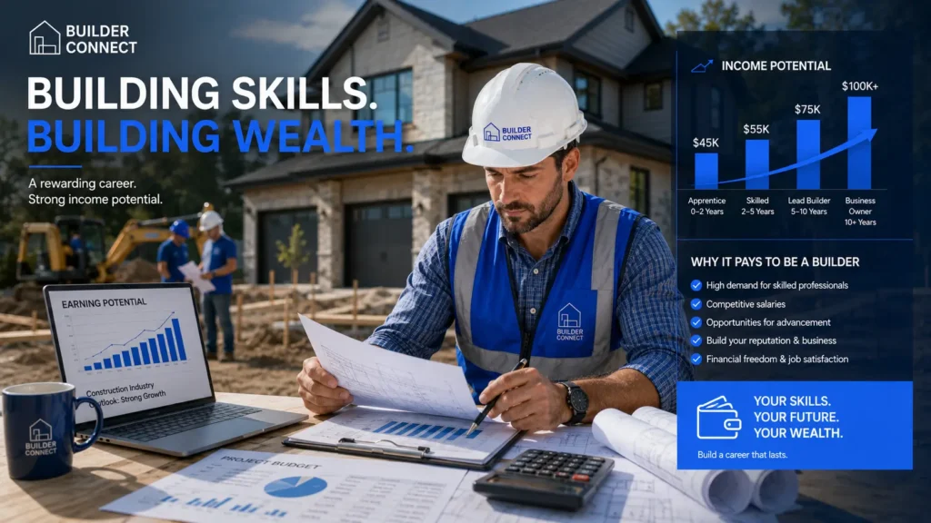 Professional builder reviewing construction projects and income growth opportunities