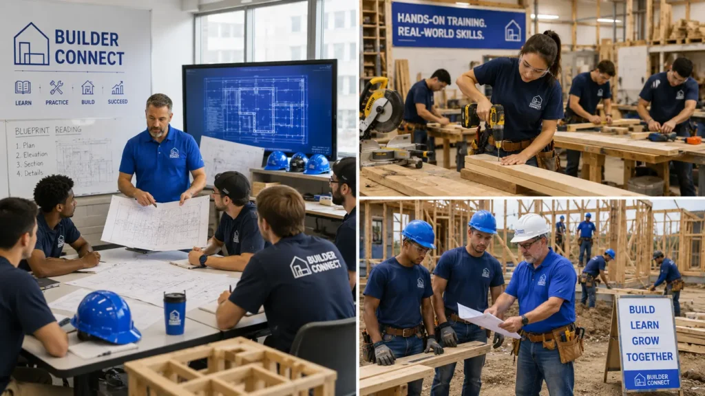 Construction apprentices and students learning building skills through hands-on training