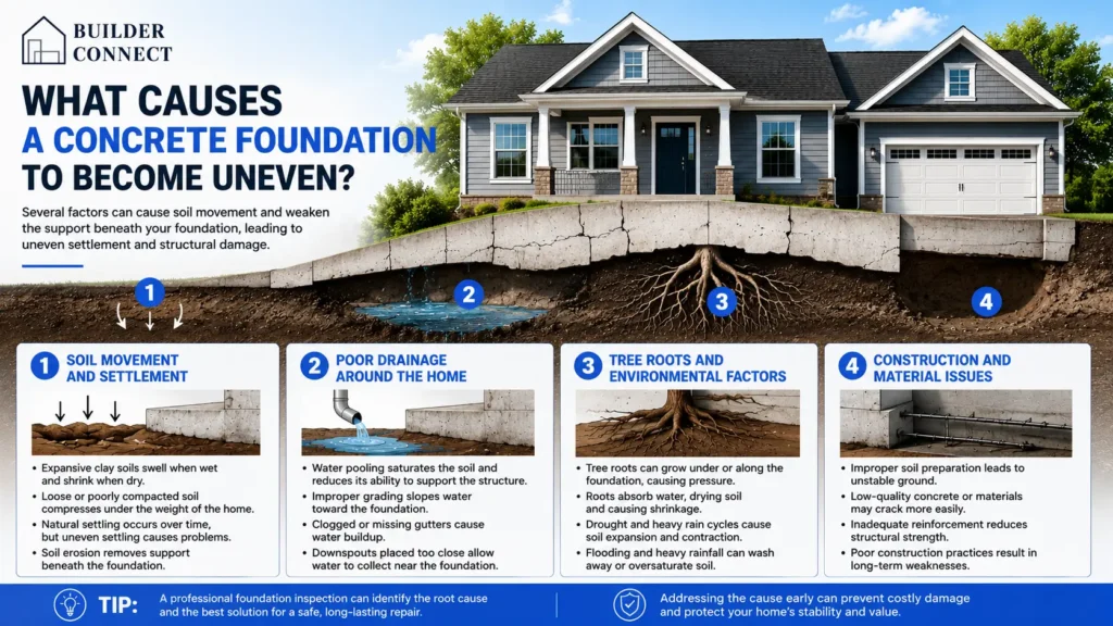 Diagram showing common causes of uneven concrete foundation settlement