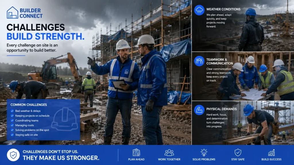 Builders overcoming common construction challenges on an active job site