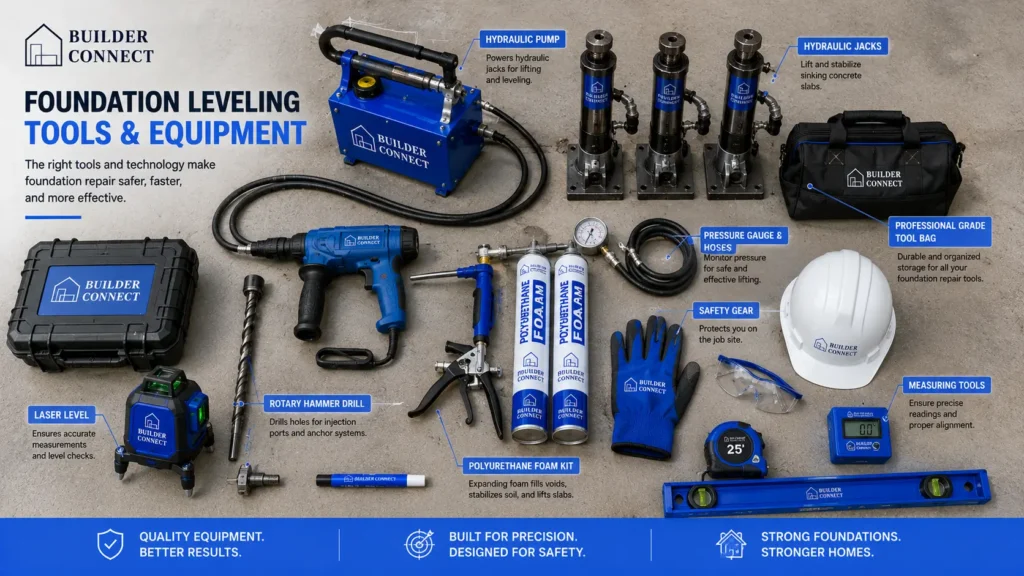 Essential tools and materials for leveling a concrete foundation