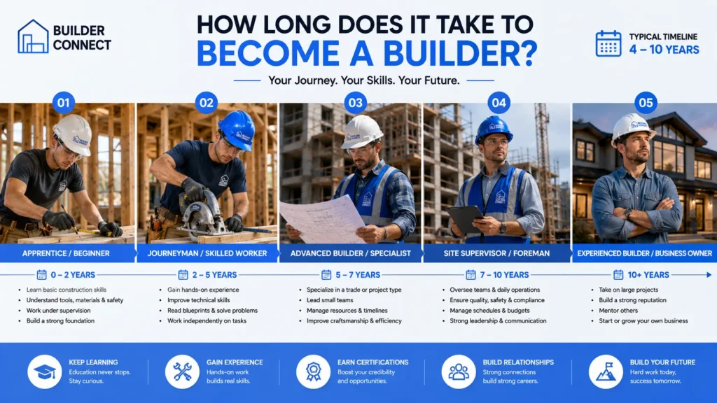 Timeline showing the stages and training path to become a builder