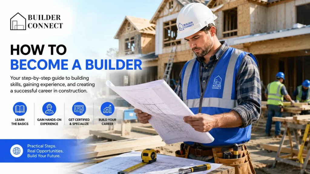 Young builder reviewing blueprints at a construction site for a guide on how to become a builder