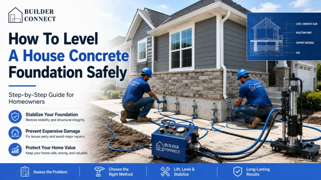 Workers leveling a house concrete foundation during residential foundation repair