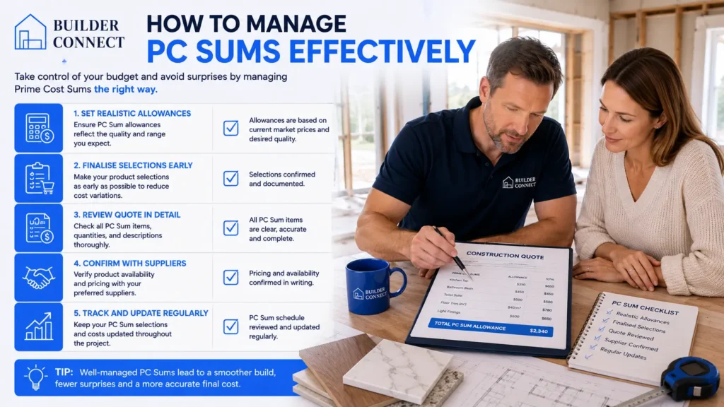Builder and homeowner reviewing a Prime Cost Sum management checklist