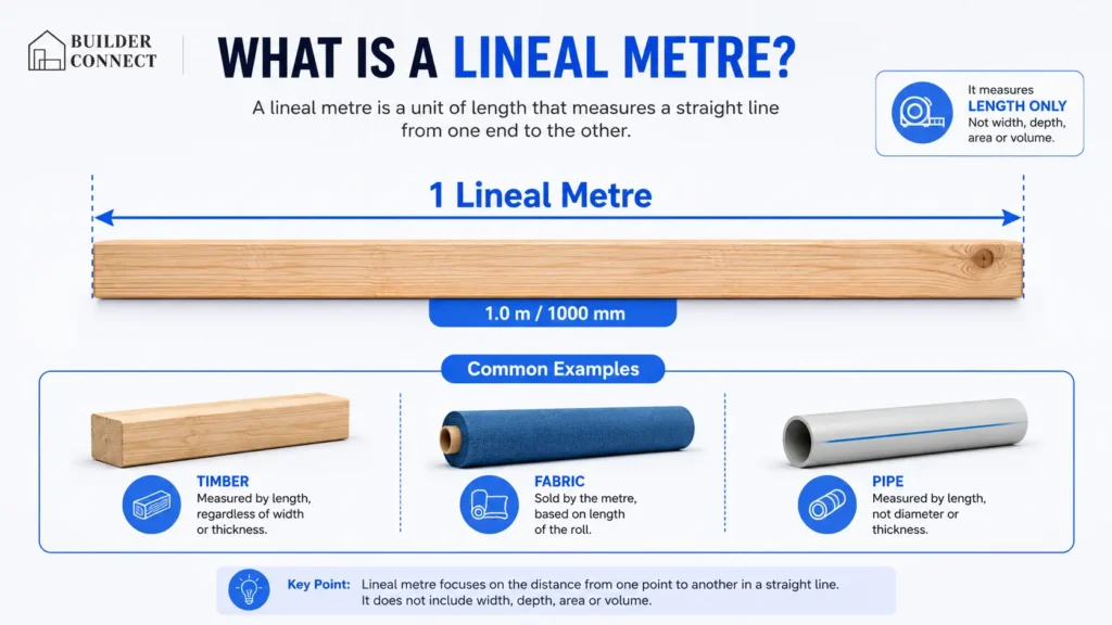Infographic explaining the definition of a lineal metre with common material examples