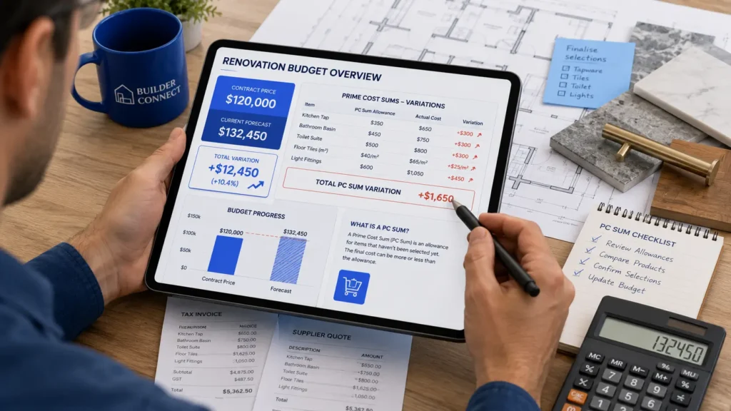 Homeowner calculating renovation budget changes caused by Prime Cost Sums