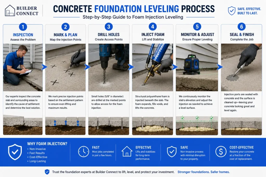 Step-by-step process of leveling a concrete house foundation
