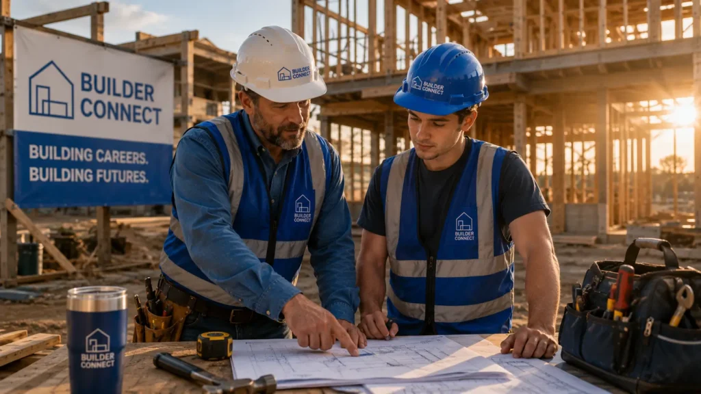 Experienced builder mentoring a new construction worker on a job site