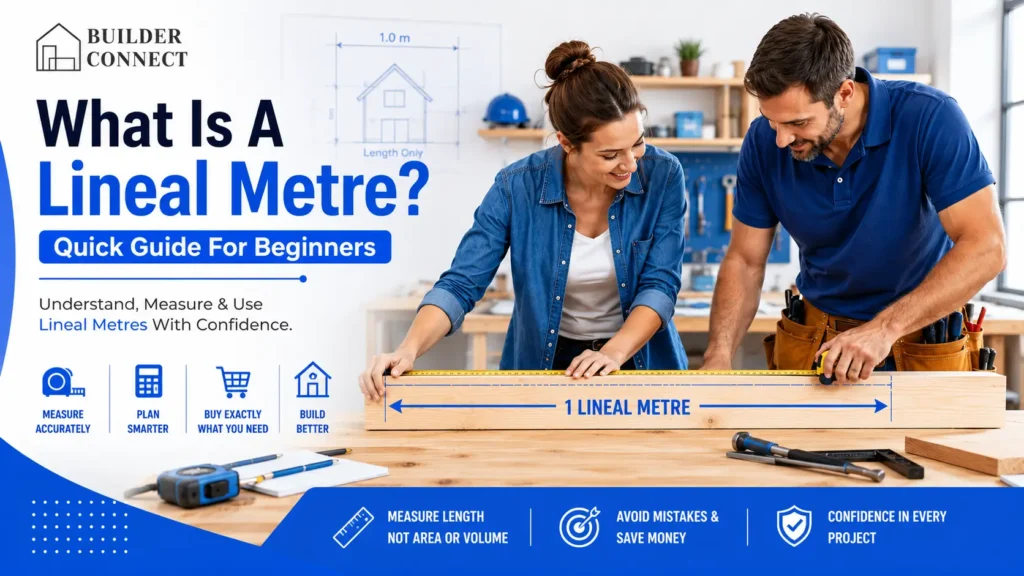 Professional illustration showing how a lineal metre is measured using timber and a tape measure