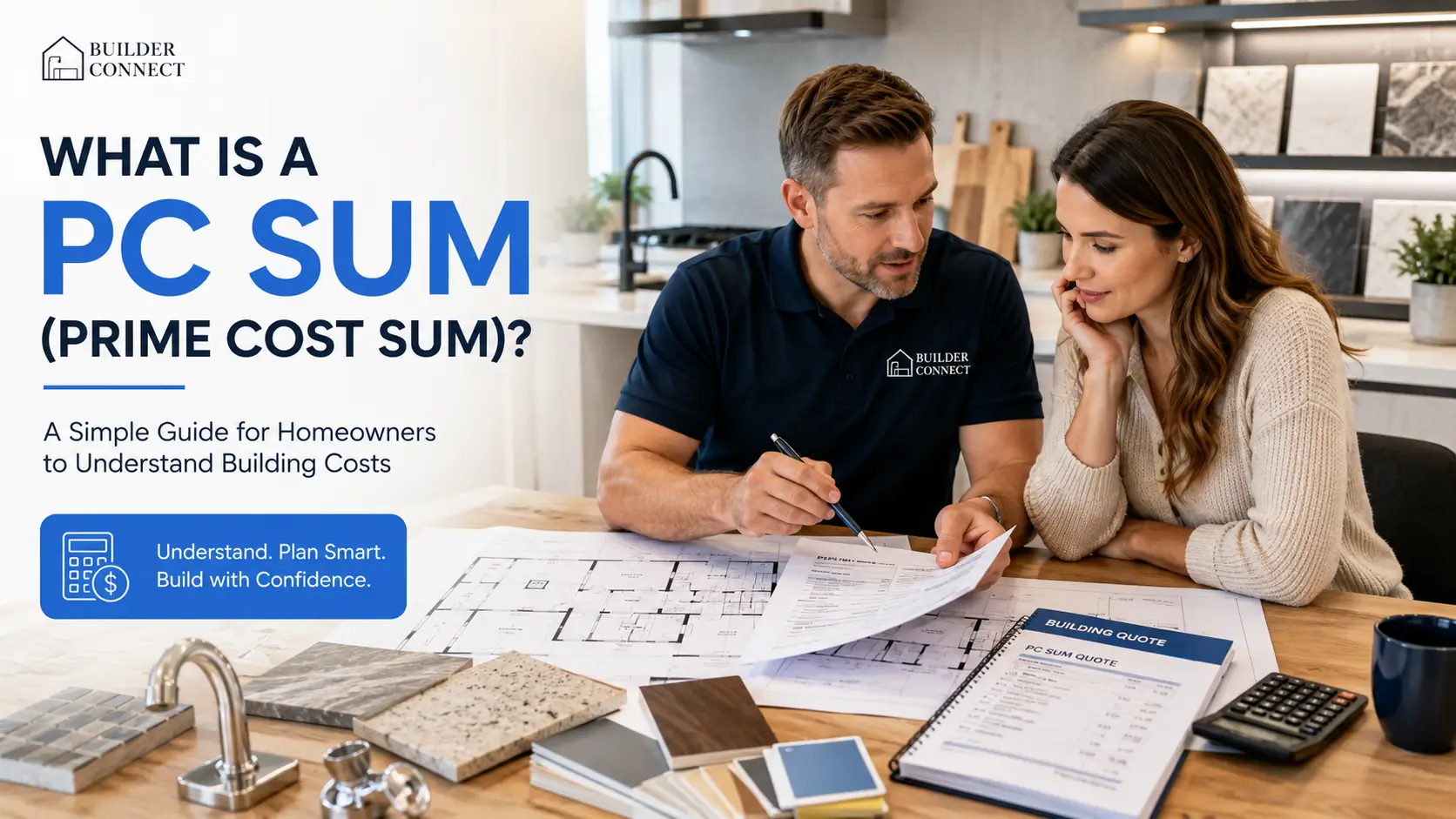 Homeowner reviewing a Prime Cost Sum construction quote with a builder during renovation planning