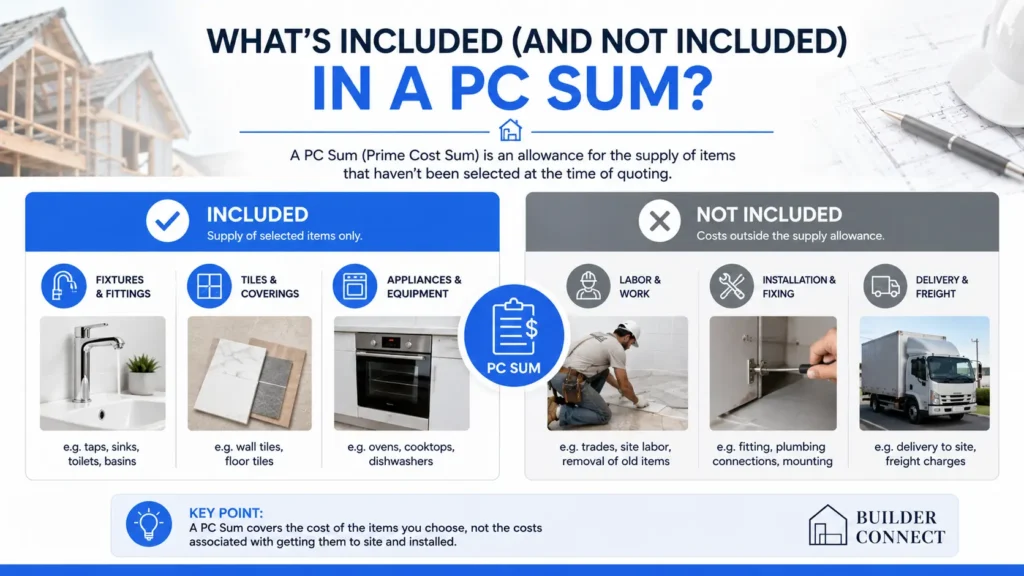 Infographic showing what is included and excluded in a Prime Cost Sum