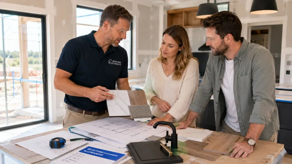 Builder explaining Prime Cost Sums to homeowners during a renovation project
