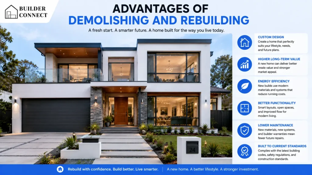 Modern home created through demolition and rebuilding.