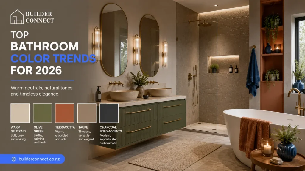 Popular bathroom color trends for 2026 including warm neutrals and earthy tones.