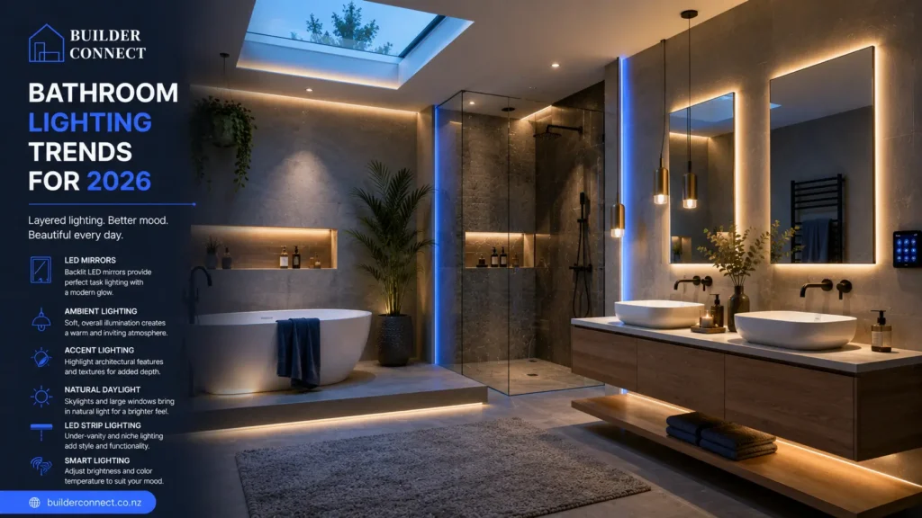 Bathroom lighting trends for 2026 featuring LED mirrors and layered lighting.