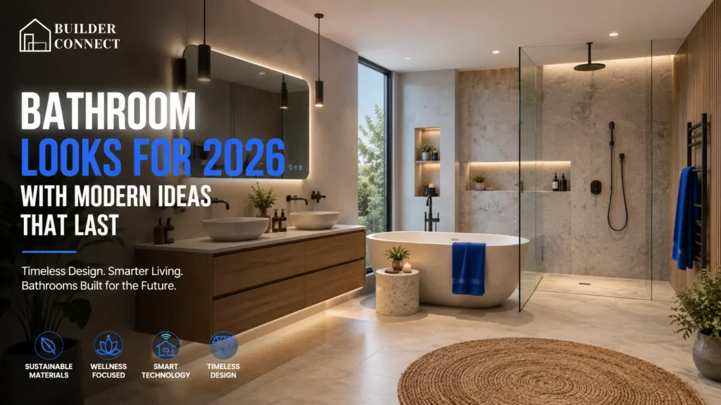 Modern bathroom looks for 2026 featuring smart technology, natural materials, and spa-inspired design.