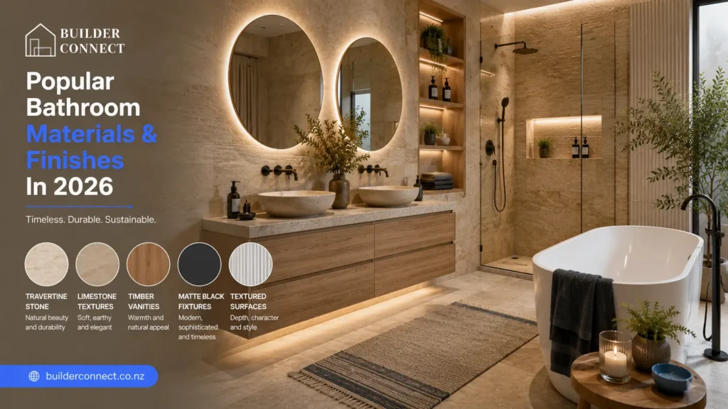 Bathroom materials and finishes for 2026 featuring stone, timber, and matte surfaces.