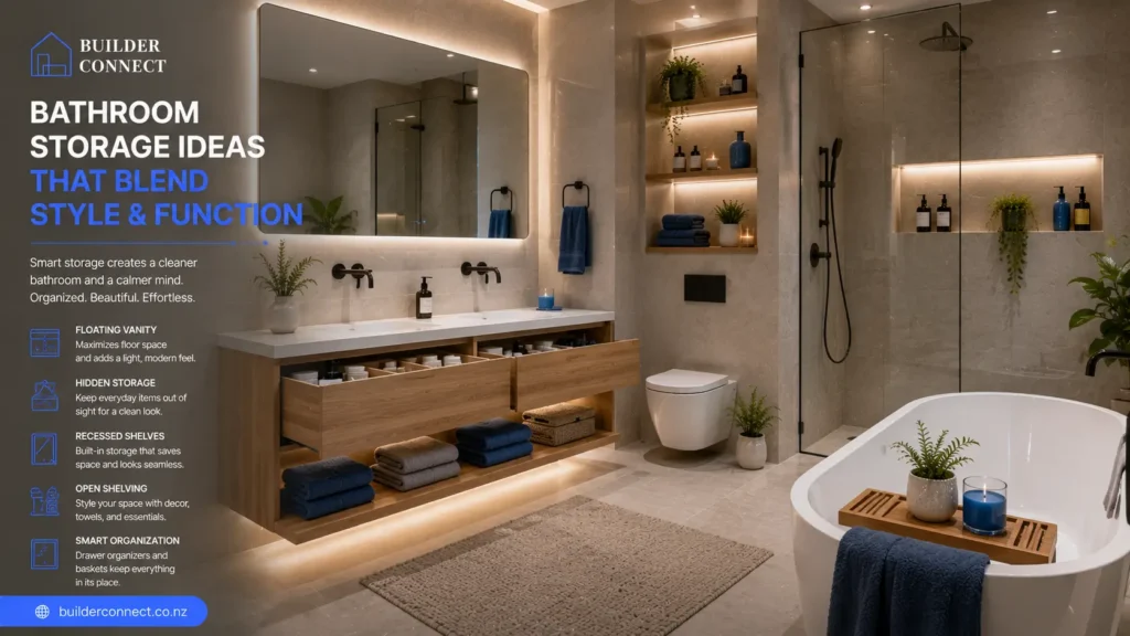 Bathroom storage ideas combining style, organization, and functionality.