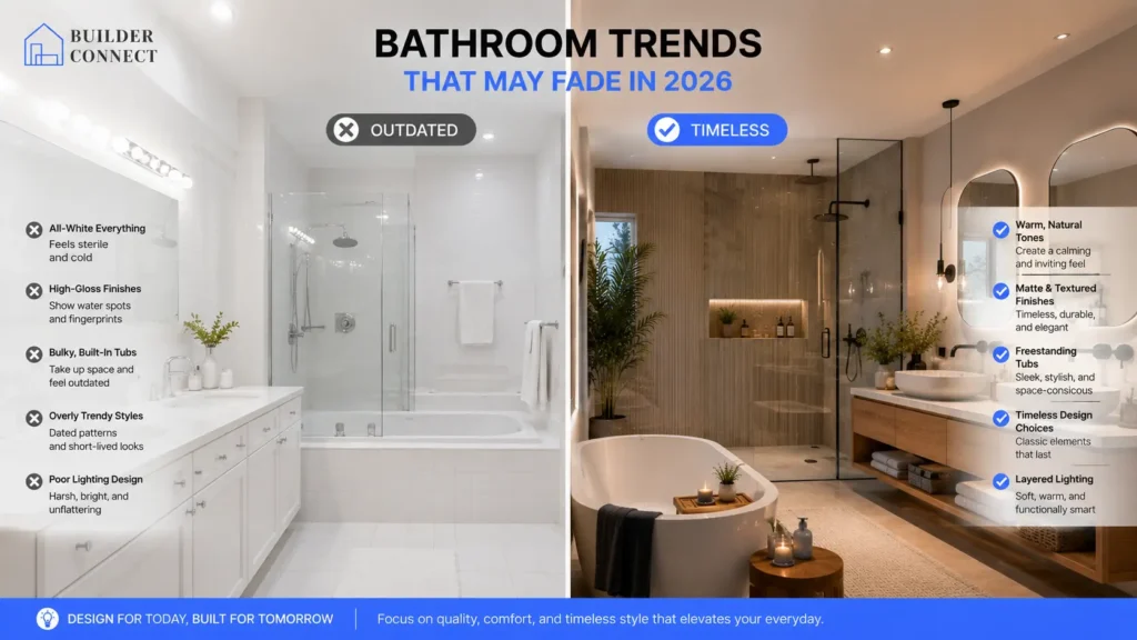 Bathroom trends that may become less popular compared to modern 2026 designs.