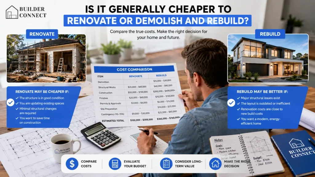 Comparing renovation costs against demolition and rebuild expenses.