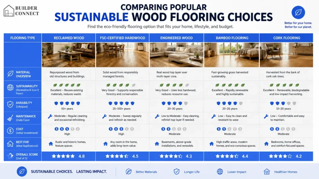 Comparison of sustainable wood flooring choices based on performance and environmental impact