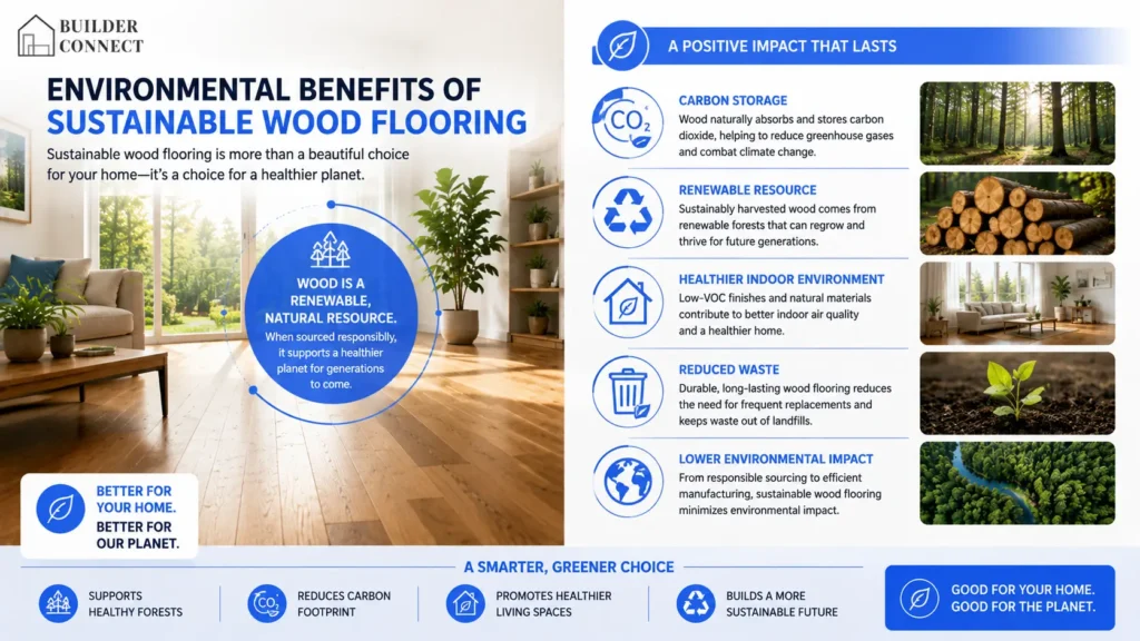 Environmental benefits of sustainable wood flooring including carbon storage and resource conservation