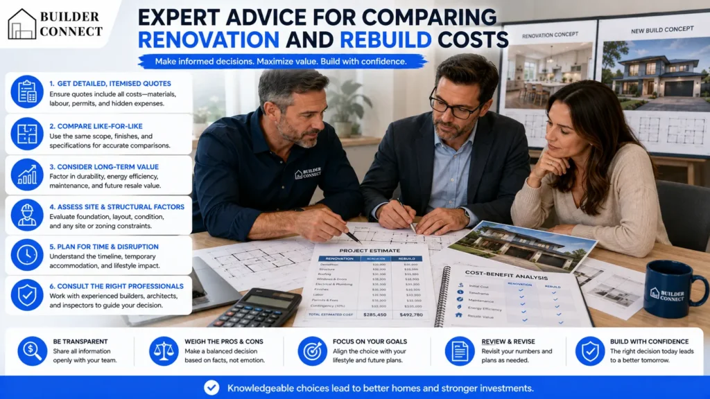Professional advice for comparing renovation and rebuild costs.