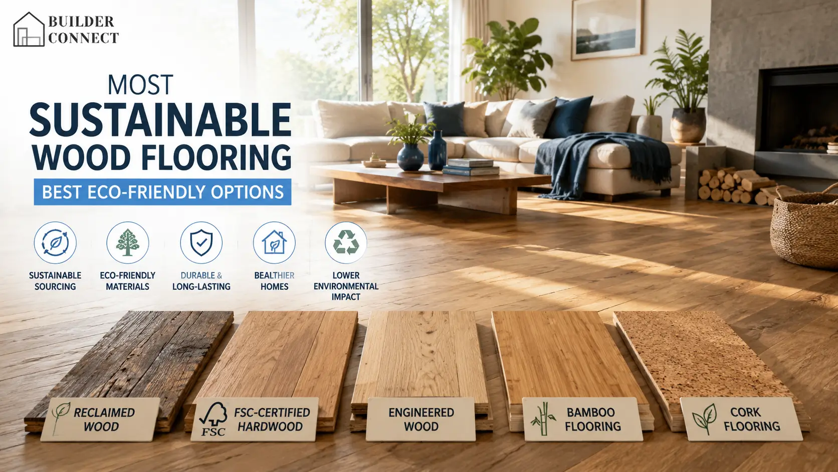 Most sustainable wood flooring options displayed in an eco-friendly modern home interior
