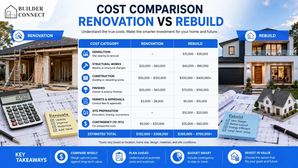 Cost comparison between home renovation and rebuilding projects.