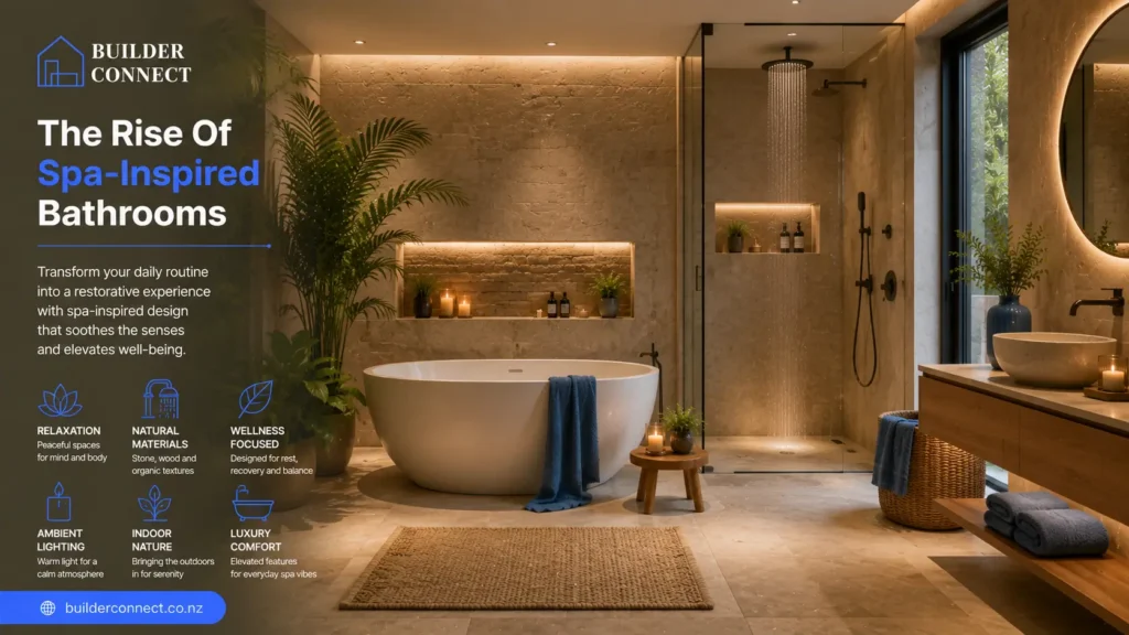 Spa-inspired bathroom design featuring wellness-focused luxury and natural materials.