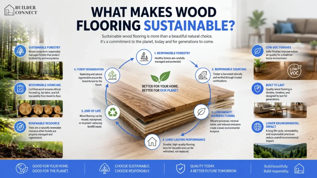 Factors that make wood flooring sustainable including responsible sourcing and durability