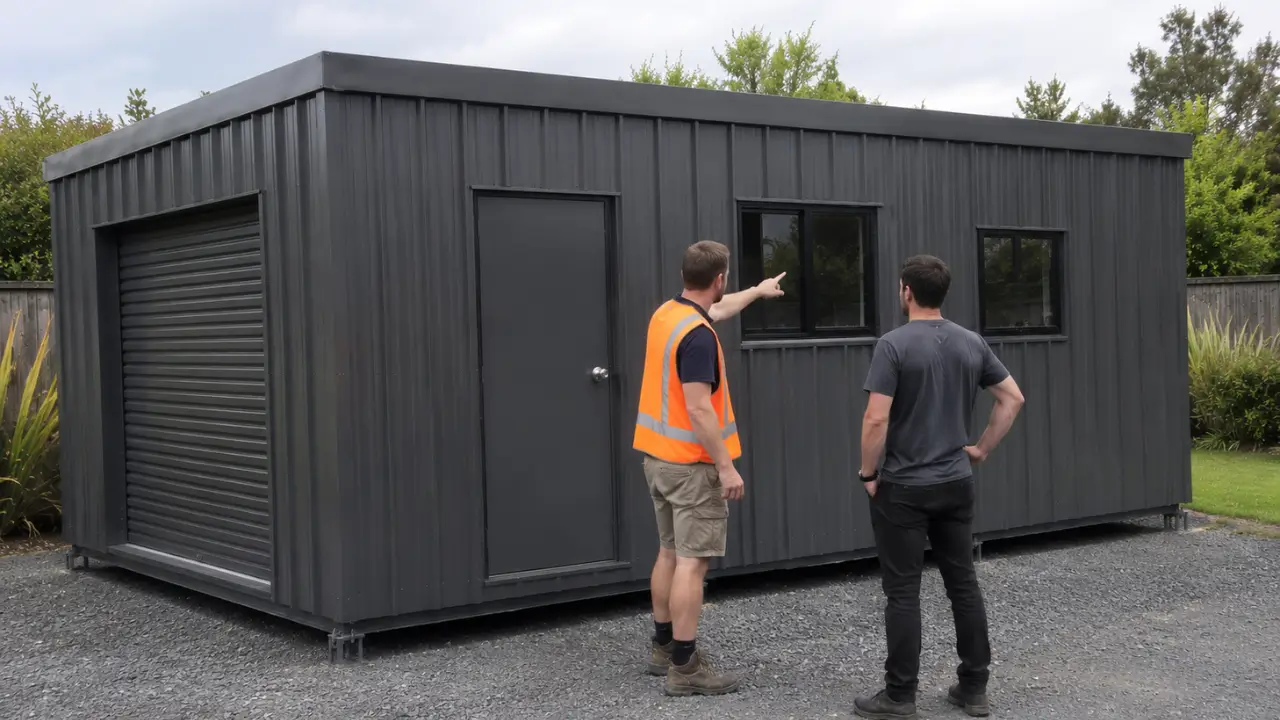 Auckland Sheds and Cabins builder in orange vest explaining window details to a client outside a newly finished dark grey shed.