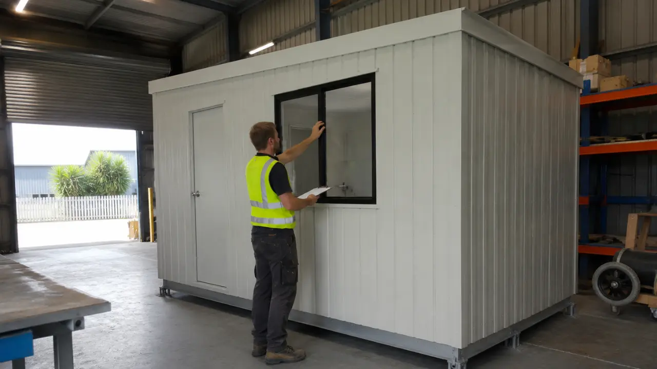 Quality control specialist from Auckland Sheds and Cabins inspecting a window frame installation inside a busy manufacturing workshop.