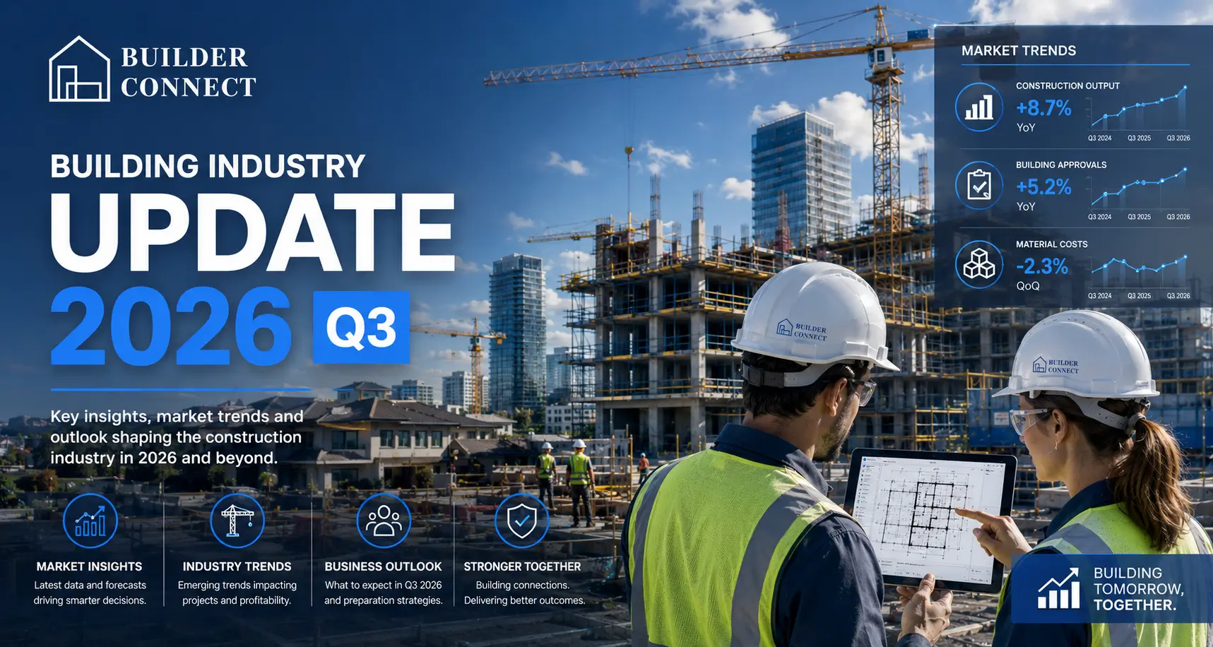 Building Industry Update 2026 Q3 showing active residential and commercial construction projects with engineers and builders.