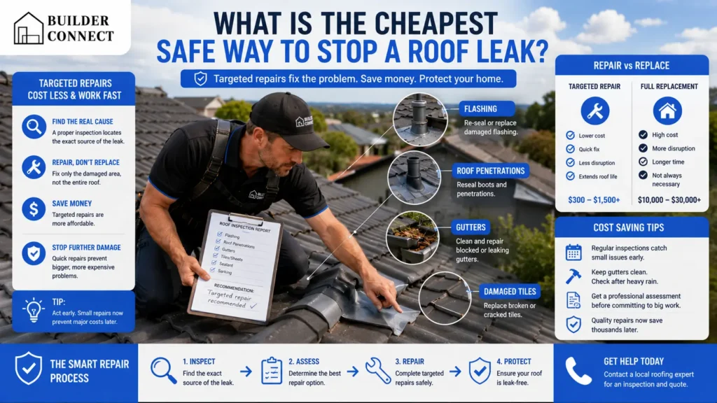 Professional roof inspection to find the cheapest safe repair option.