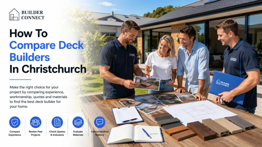 Homeowners comparing deck builders using project photos, decking samples and quotations.