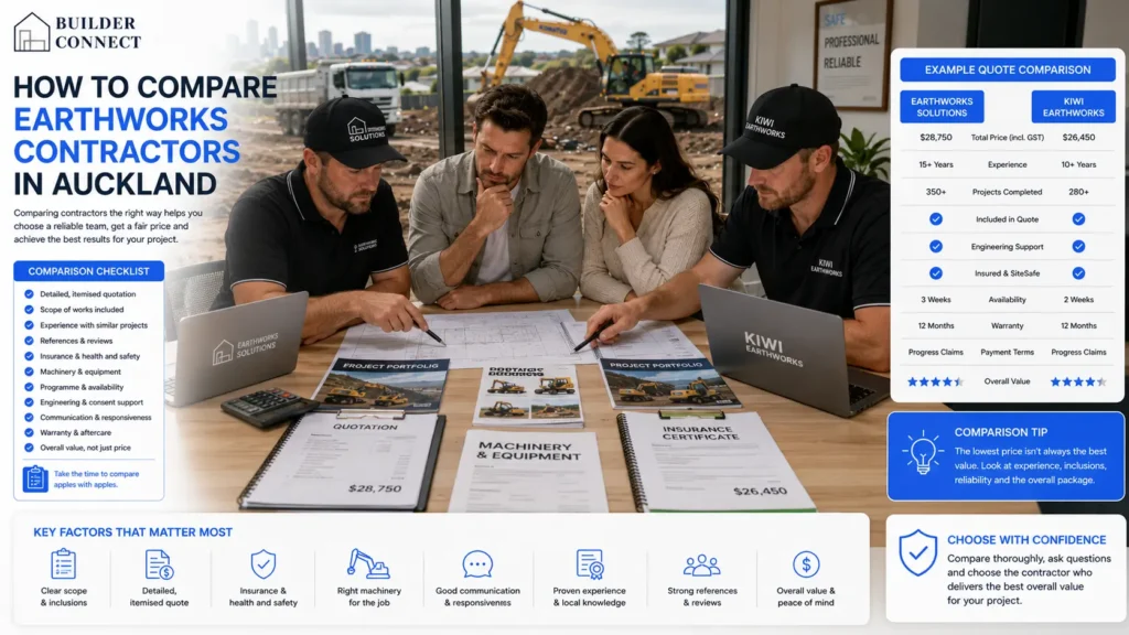 Comparing Auckland earthworks contractors before selecting a company.