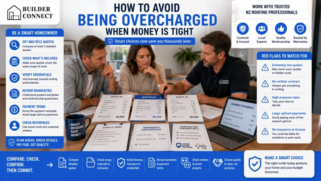 Homeowners comparing roofing quotes to avoid overpaying for repairs.