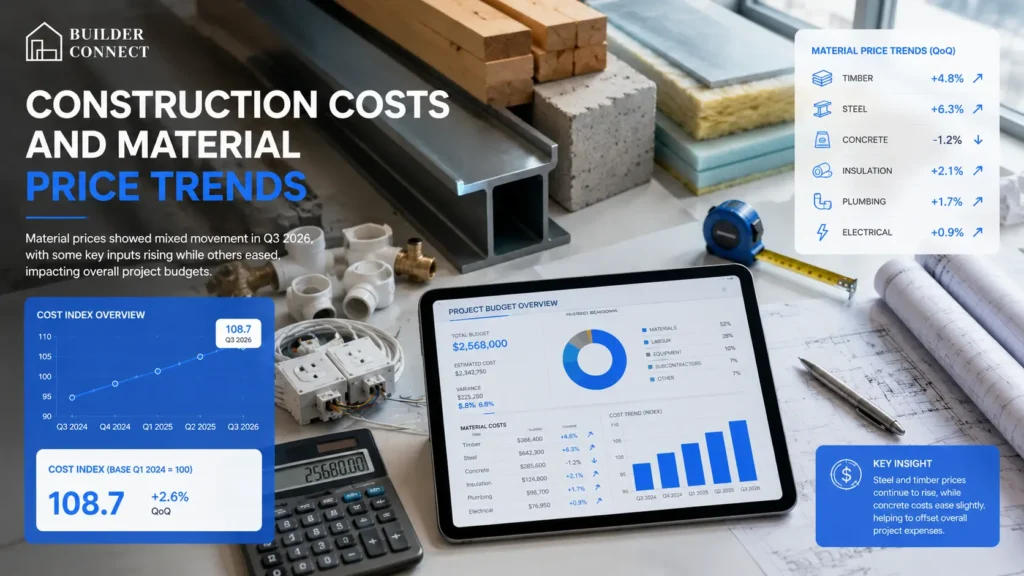 Construction costs and material price trends with timber, steel, concrete, and project budgeting tools.