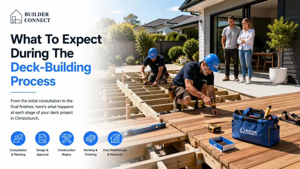 Professional deck builders constructing a residential timber deck in Christchurch.