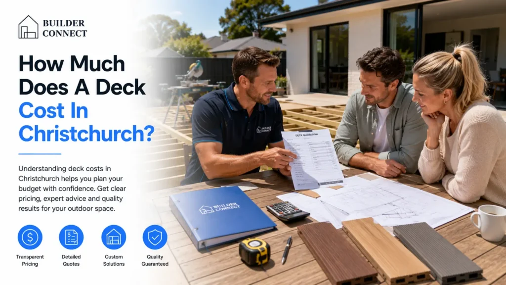 Deck builder explaining a detailed deck construction quote to Christchurch homeowners.