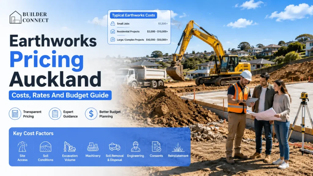 Residential earthworks project in Auckland showing excavation equipment and cost planning consultation.